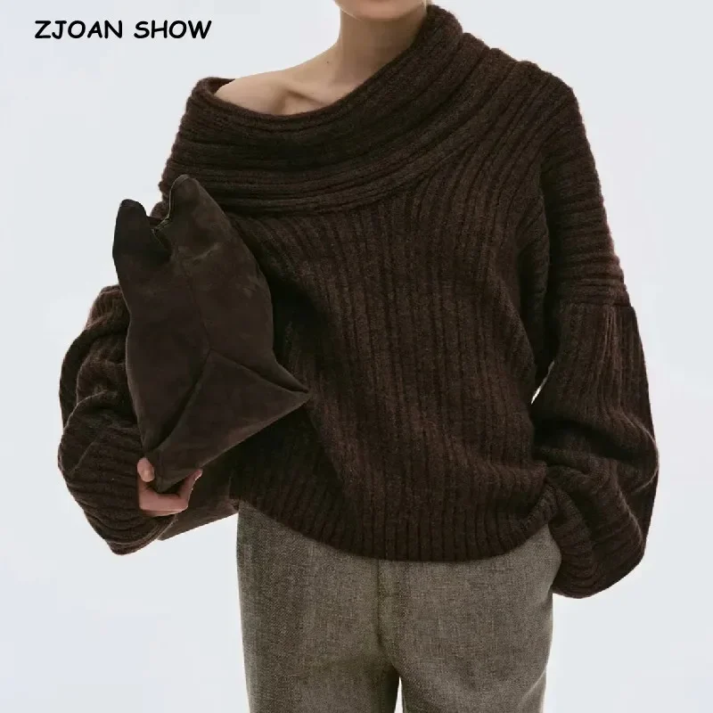 

Winter Coffee Rib Knitting Ruched Slash Shoulder Pullover Sweater Women Full Sleeve Loose Thick Knitwear Oversized Jumper Beige