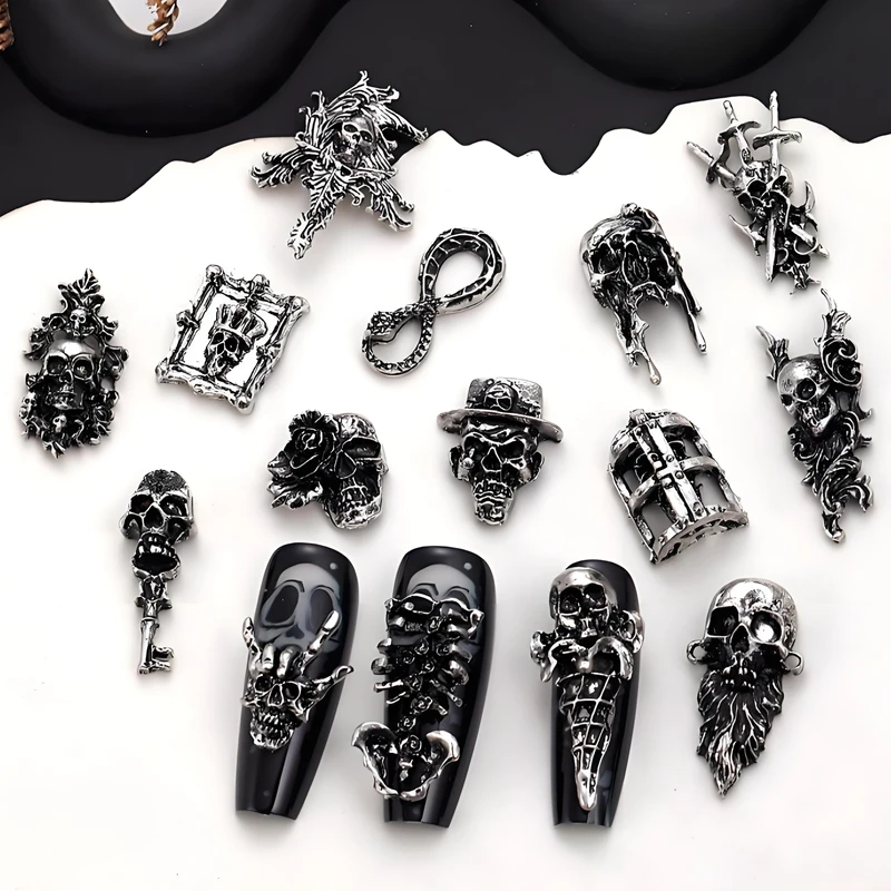 

10PCS Gothic Style Halloween Nail Art Skull Charms Antique Silver Accessories For Retro Nails Decoration Manicure Decor Supplies