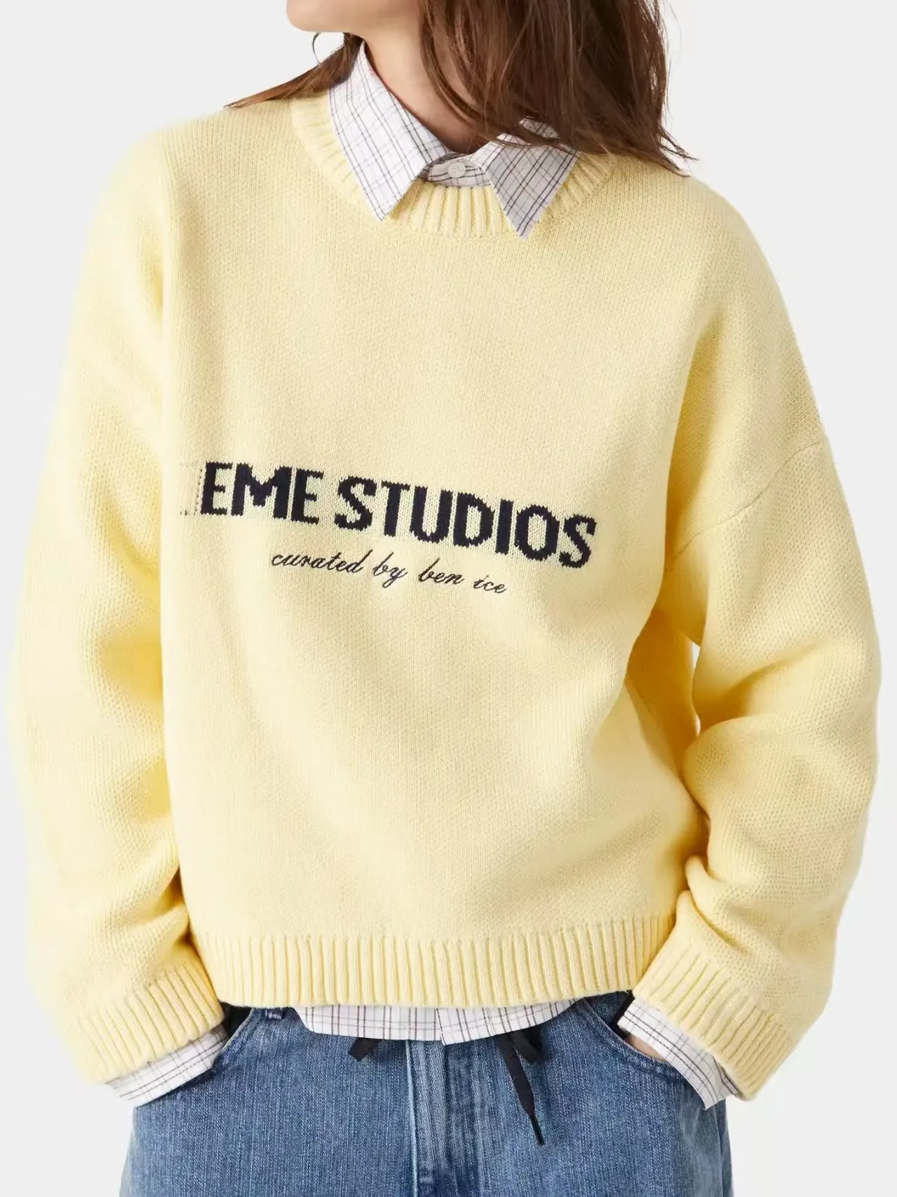 

Korean Retro Butter Yellow Letter Knitted Sweater Women Casual Pullover 2025 American New Fashion Trend Loose Streetwear