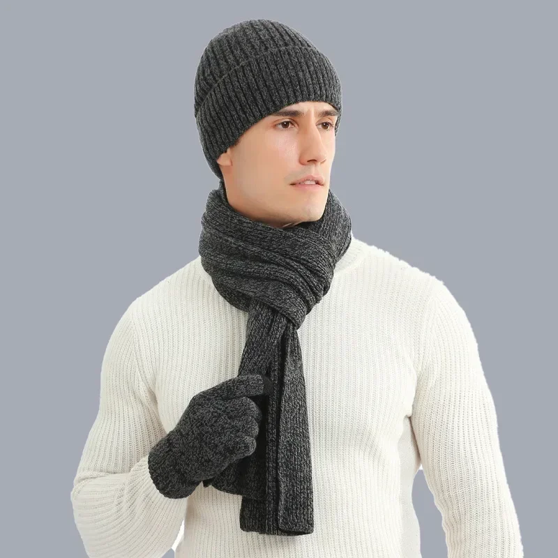 3Pcs Mens Winter Sets Hat Scarf Glove Solid Color Men's Knit Beanies Long Scarves Set Winter Cap Thick Plush Lining