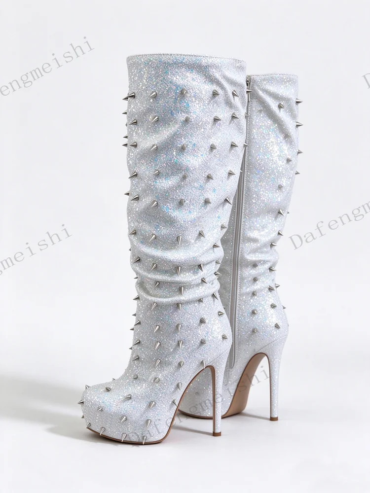 Women Silver Glitter Knee High Boots Pointed Platform Stiletto Heel Metal Spike Studded Side Zipper Party Nightclub Fashion Boot