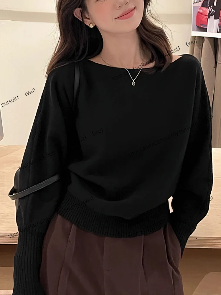 ZOCI-Women's Bat Wing Long Sleeve Knitted Sweater, Off-Shoulder Top, Korean Fashion Sweater, Loose Casual Autumn Clothing