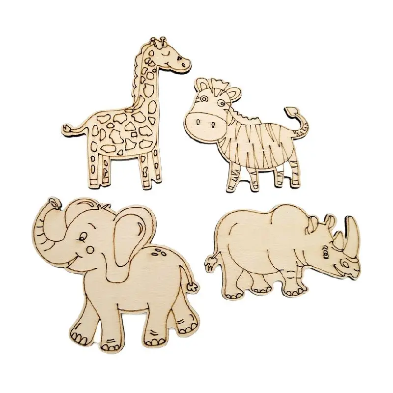 10pcs Unfinished Wood Cutouts Wooden  Zoo Animals Zebra Giraffe Elephant Rhino for Kids DIY Art Craft Home Decorations