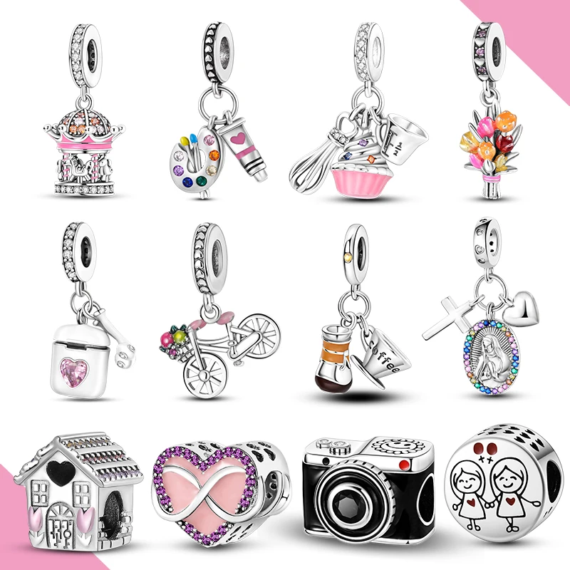 Charm Kamera Kreuz Blume 925 Silber Perlen Anhänger Fit Armband Halskette Diy Für Frau Schmuck