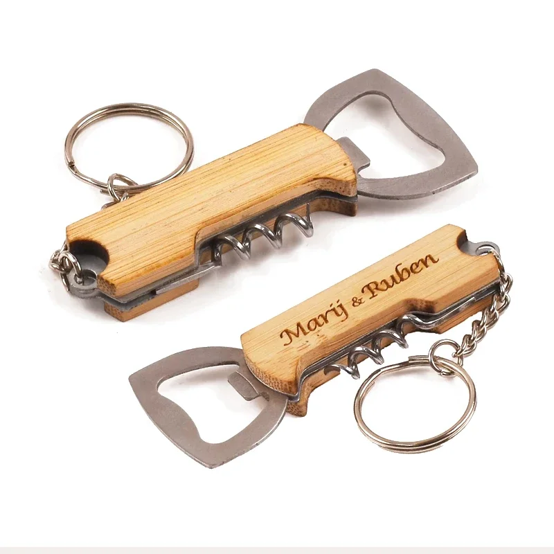 1pcs Free Custom Wooden Beer Bottle Opener Engraving Logo Wedding Key Chain Wine Stainless Steel Opener Gift Bar Party Accessory