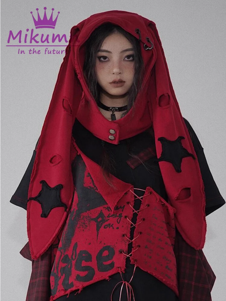 Mikumn Gothic Grunge Black Red Star Love Metal Buckle Broken Hole Long Rabbit Ear Hat Punk Chic Hooded Design Accessory Caps