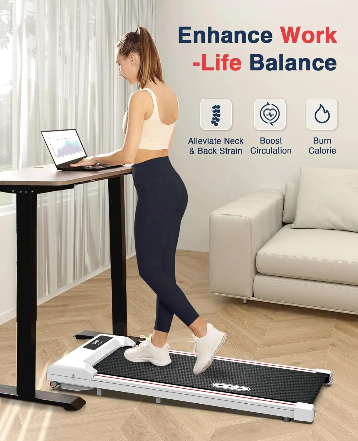 Walking Pad Treadmill, Under Desk Treadmill for Home Office, Mini Treadmills with 265lbs Capacity, Portable Compact