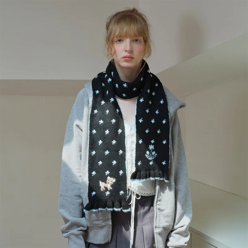 

Корейские зимние шарфы с рисунком оленя и цветочным принтом Kawaii, милые универсальные милые шарфы, утолщенные теплые высококачественные кашемировые вязаные шарфы