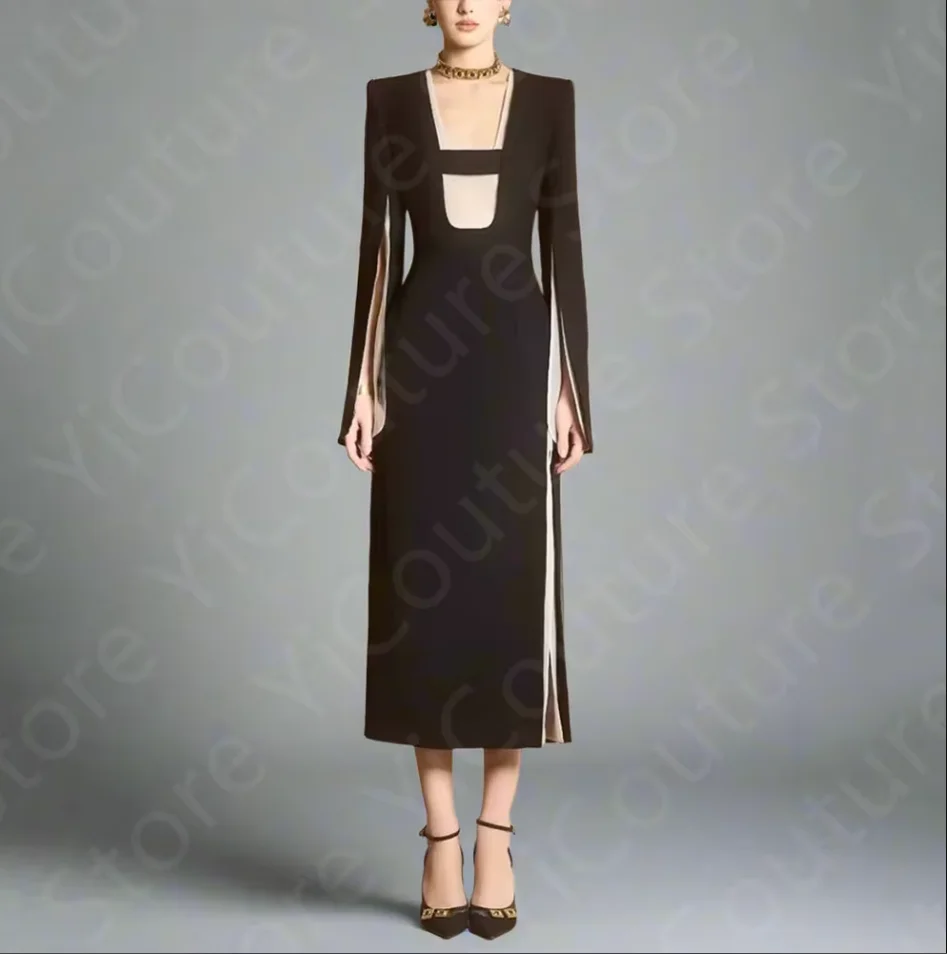 

Классические черные вечерние платья по индивидуальному заказу, контрастные цвета, платья для выпускного вечера с длинными рукавами, свадебные платья длиной до колена с высоким разрезом до бедра