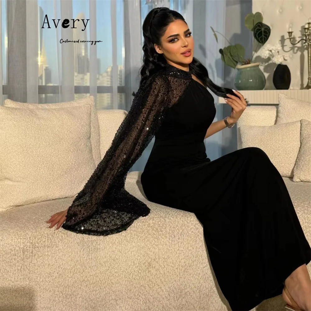 Avery Custom Schwarz Glänzend Fischschwanz Off-Schulter Luxus Damen Abendkleider Elegantes Party Abendkleid 2025, Ballkleid Kleider