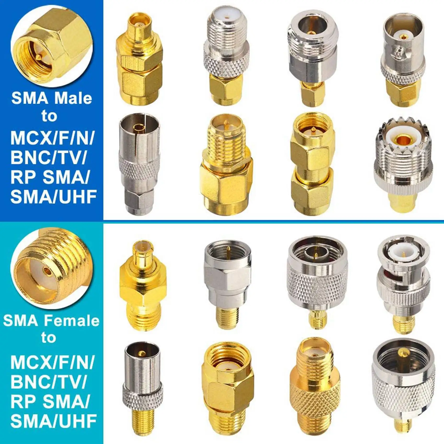 16 Type SMA Connectors SMA Adapter Kits SMA to MCX/TV/F/BNC/UHF/RP-SMA Straight Type Nickel Gold Plated Test Connector