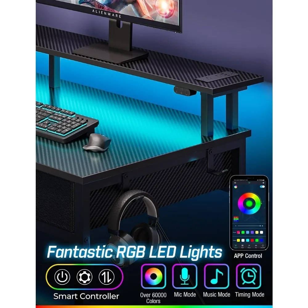 Home Office Secretária com Tomadas e Luz LED, 3 Gavetas, Prateleiras de Arrumação, Escrita, Secretária Moderna, Preto Carbono, 47"