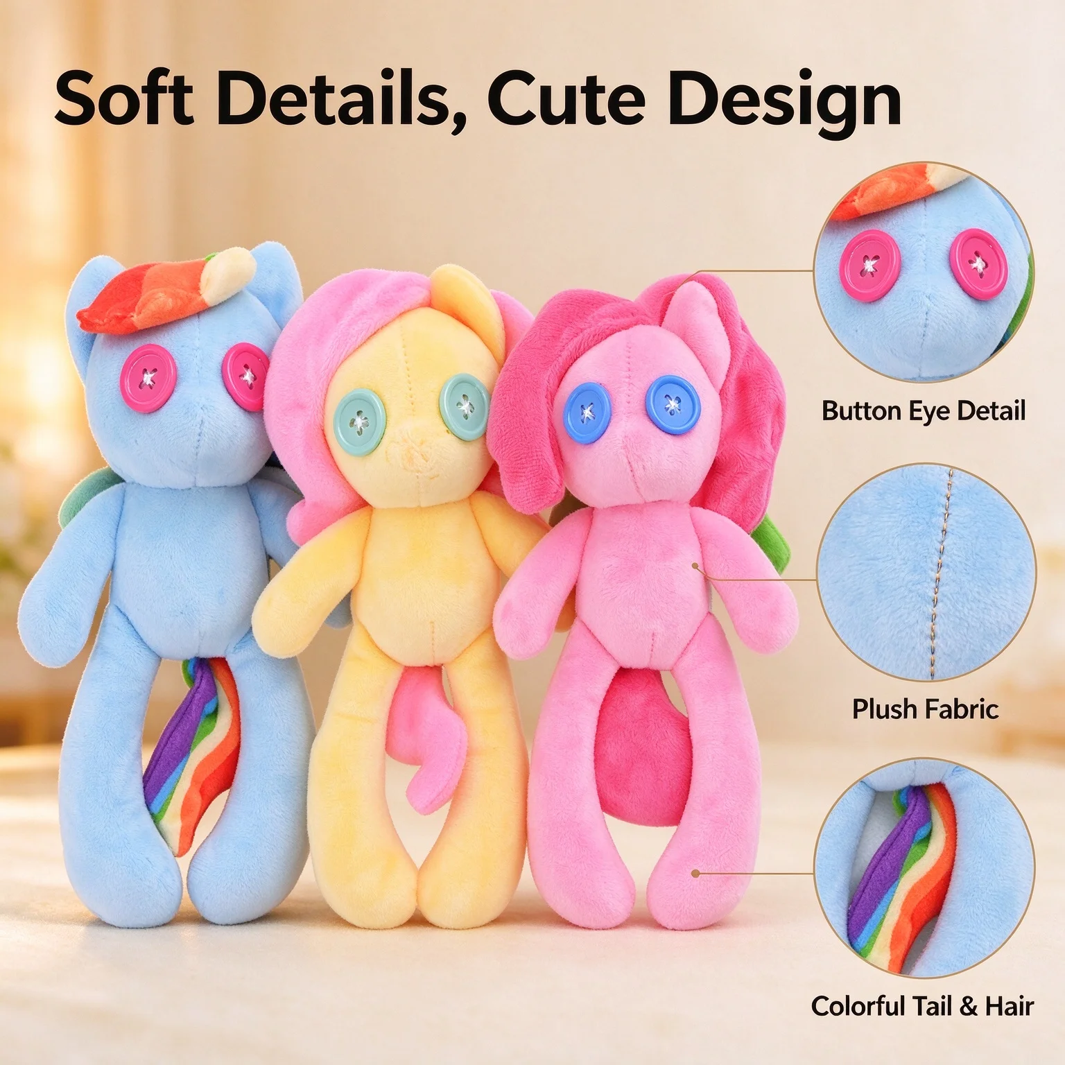 Hasbro My Little Pony 3 Styles Cute Plush Pony Dolls Classic Toys Soft Stuffed Animal with Button Eyes Christmas Kids Gift