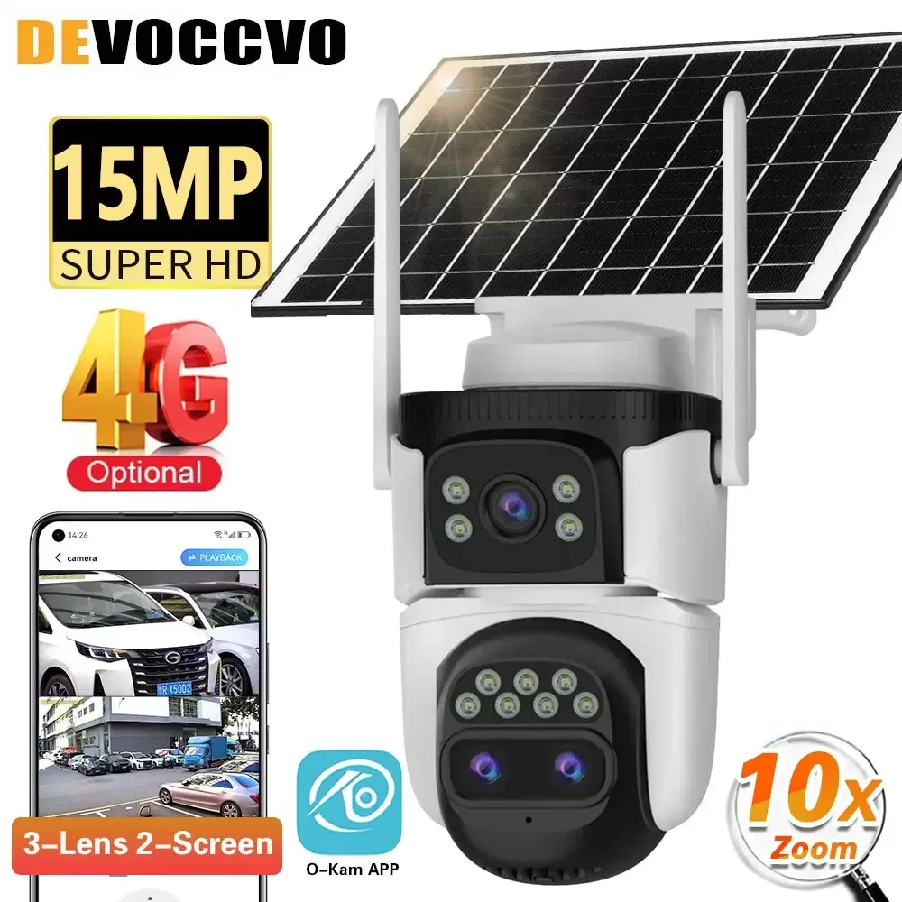 8K 15MP 4G Sim Card Dual Lens 10X Zoom IP66 Waterproof Outdoor Auto-tracking Camera Infrared Lamp 8W Solar Panel Wide Angle Cam