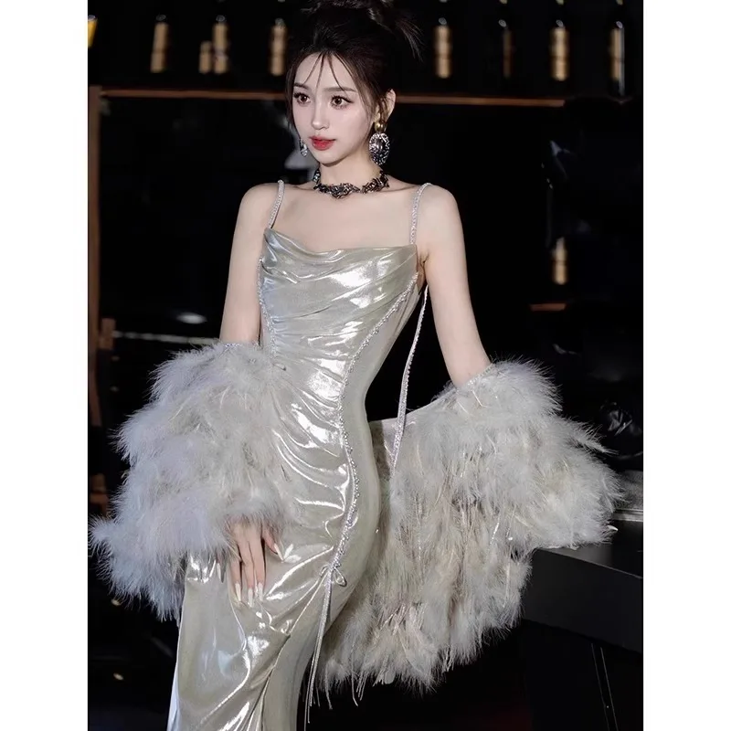 Silver Shiny Evening Dress Morning Gowns 2024 New High-End Sense Light Luxury Minority Birthday Party Sling Toast Dress