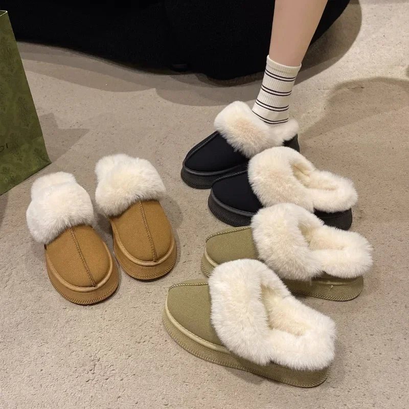 2024 New Leather Women Fashion Winter Indoor Solid Color Suede Fur Slippers Ladies Home Platform Warm Slip-on Women's Shoes image 6