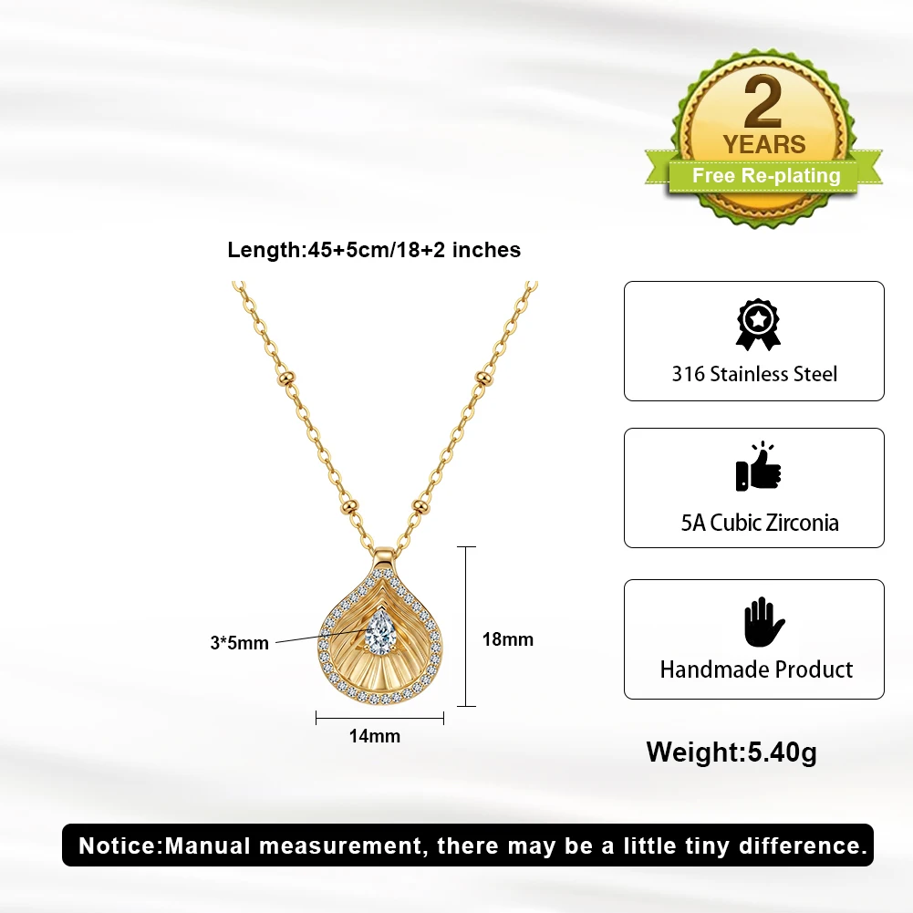 ORSA JEWELS 316 Stainless Steel Necklace Teardrop Pendant With Pear‑Cut CZ and Surrounding Paved Stones Jewelry for Women HTKN12