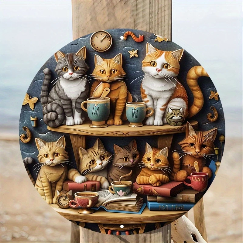 2 Pieces 2D Wooden Hanging Signs Top and Bottom Cat Theme 8 Inch Round Sign Home Bar Garage Cafe Garden Decoration