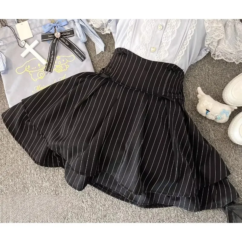 Women Sweet Lolita Above Knee Skirt Bow Slim Striped Cake Harajuku Y2K Princess High Waist Skirt