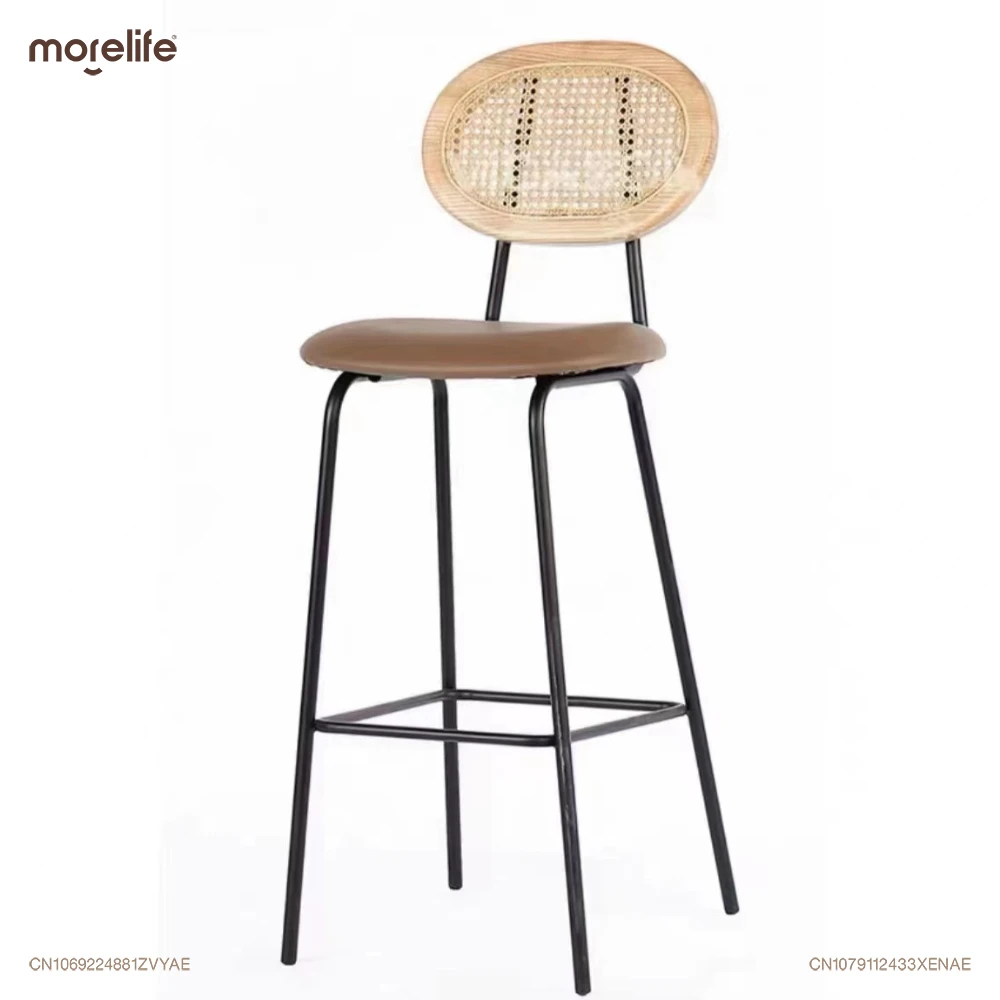 Nordic Rattan Solid Wood Bar Chair High Stool Modern Simple Personality High Chair Designer Creative Rattan Iron Home High Stool