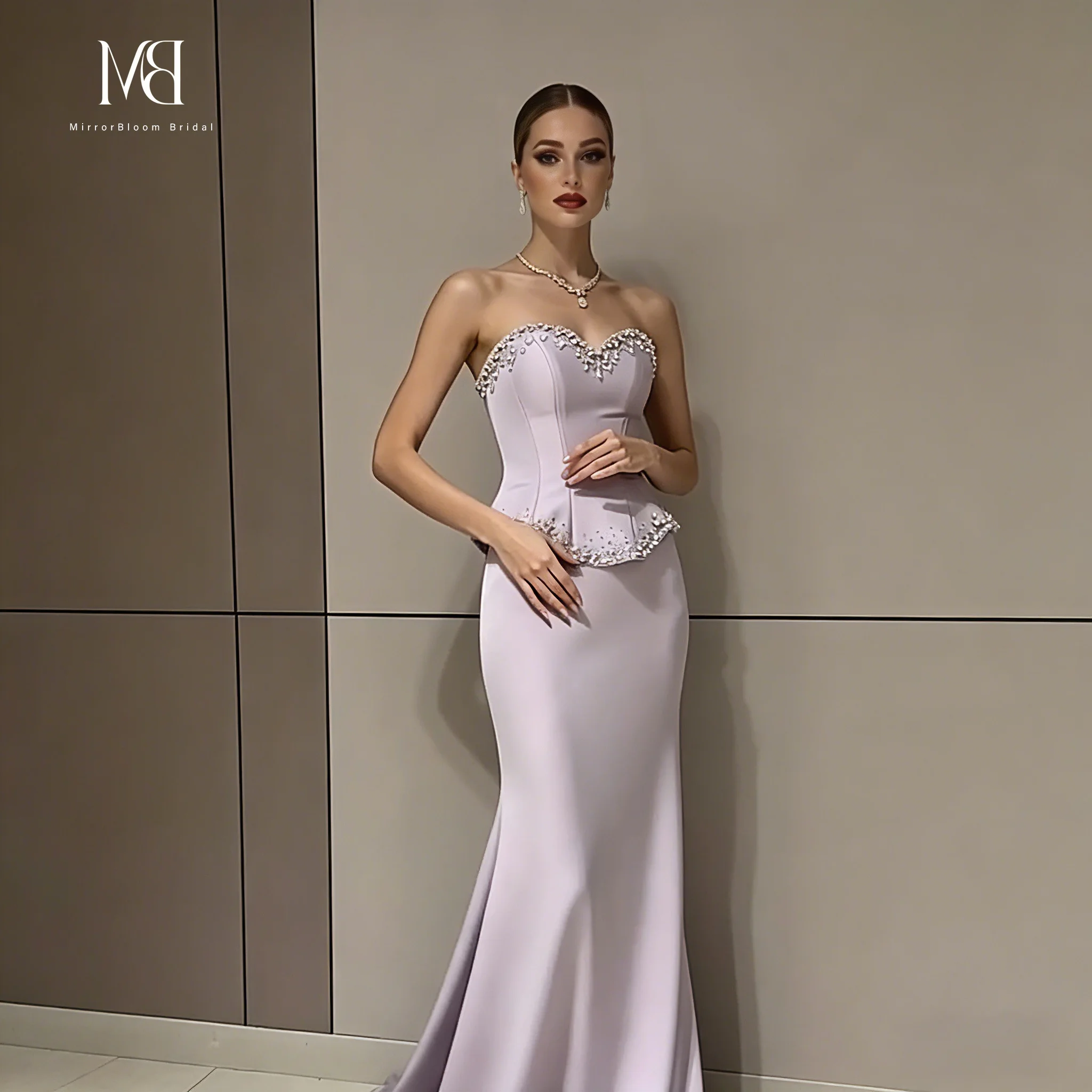 Customized Lavender Strapless Sweetheart Evening Gown Beaded Floor Length Mermaid Dress Formal Party Gown Wedding Prom Dress - view 3