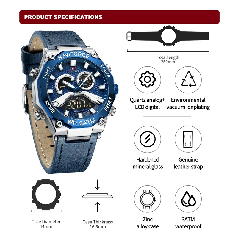 NAVIFORCE Fashion Trend Men\'s Wristwatch Casual LCD Display Analog Digital Genuine Leather Strap Watch for Man Quartz Male Clock