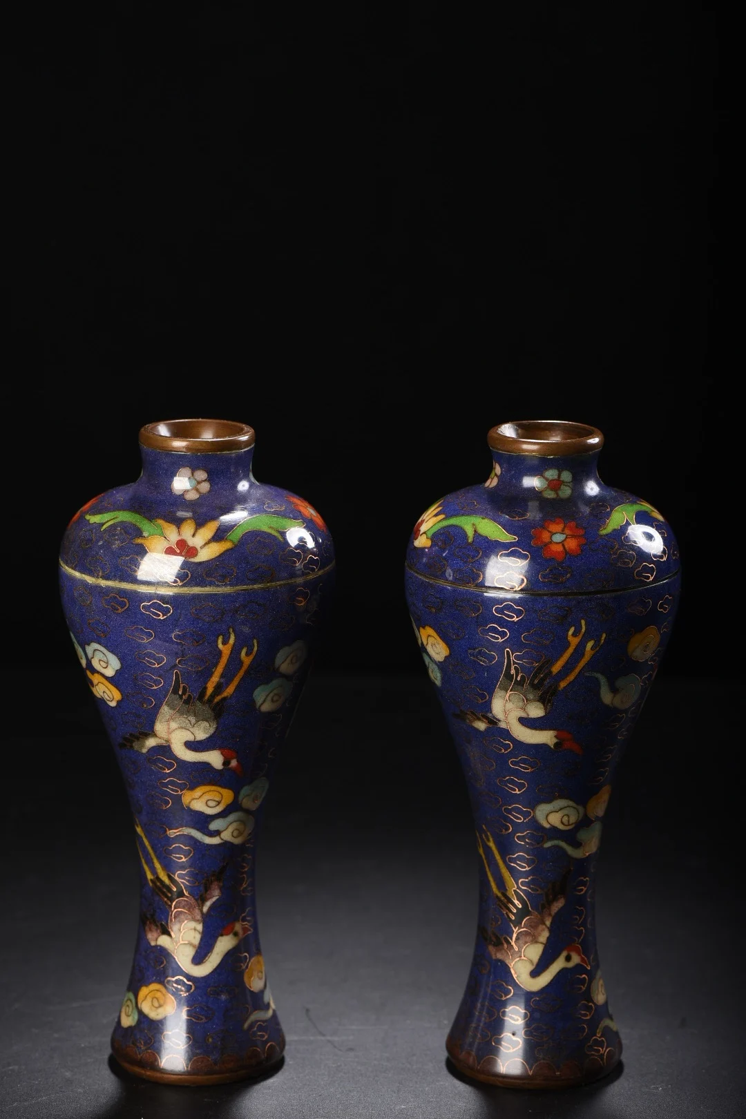 

8"Tibetan Temple Collection Old Bronze Cloisonne Enamel Cloud Crane Plum Blossom Bottle Vase A Pair Amass wealth Ornaments