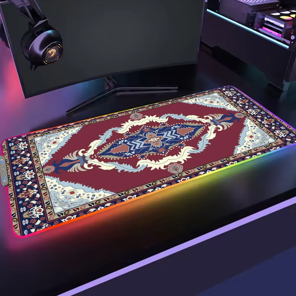 Persian Carpet Floral Pattern S Mouse Pad RGB LED Light Non-Slip Rubber Base Waterproof Office PC Home Best Price Desk-Mat USB L