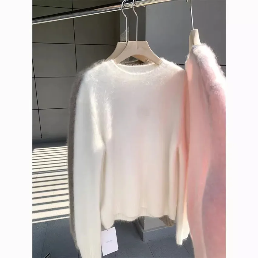 

Autumn Winter Soft Thick Imitation Mink Loose Pullovers Chic Fashion Women Round Collar Long Sleeve Mohair Knitted White Sweater