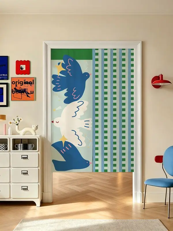 VIKAMA Abstract Dove Stripe Noren Split Door Curtain Room Divider Privacy Curtain for Living Room Entryway Home Decor