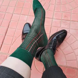 Dark Green Men Socks Sexy Exotic Retro Jacquard Ultra Thin High Quality Mid Calf Socks Man Business Dress Stripe Nylon Stockings