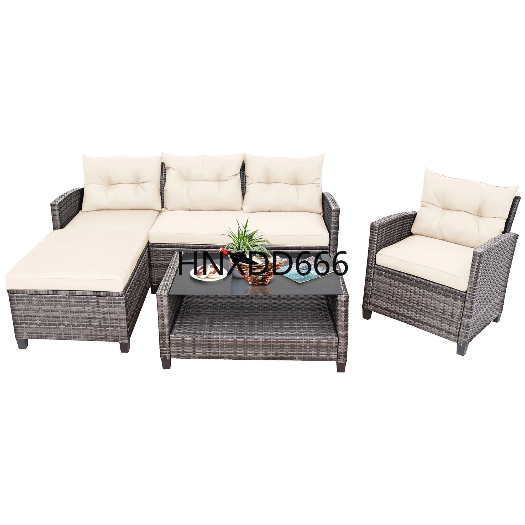 

4PCS Patio Rattan Furniture Set Sofa Ottoman Cushion Garden Deck White