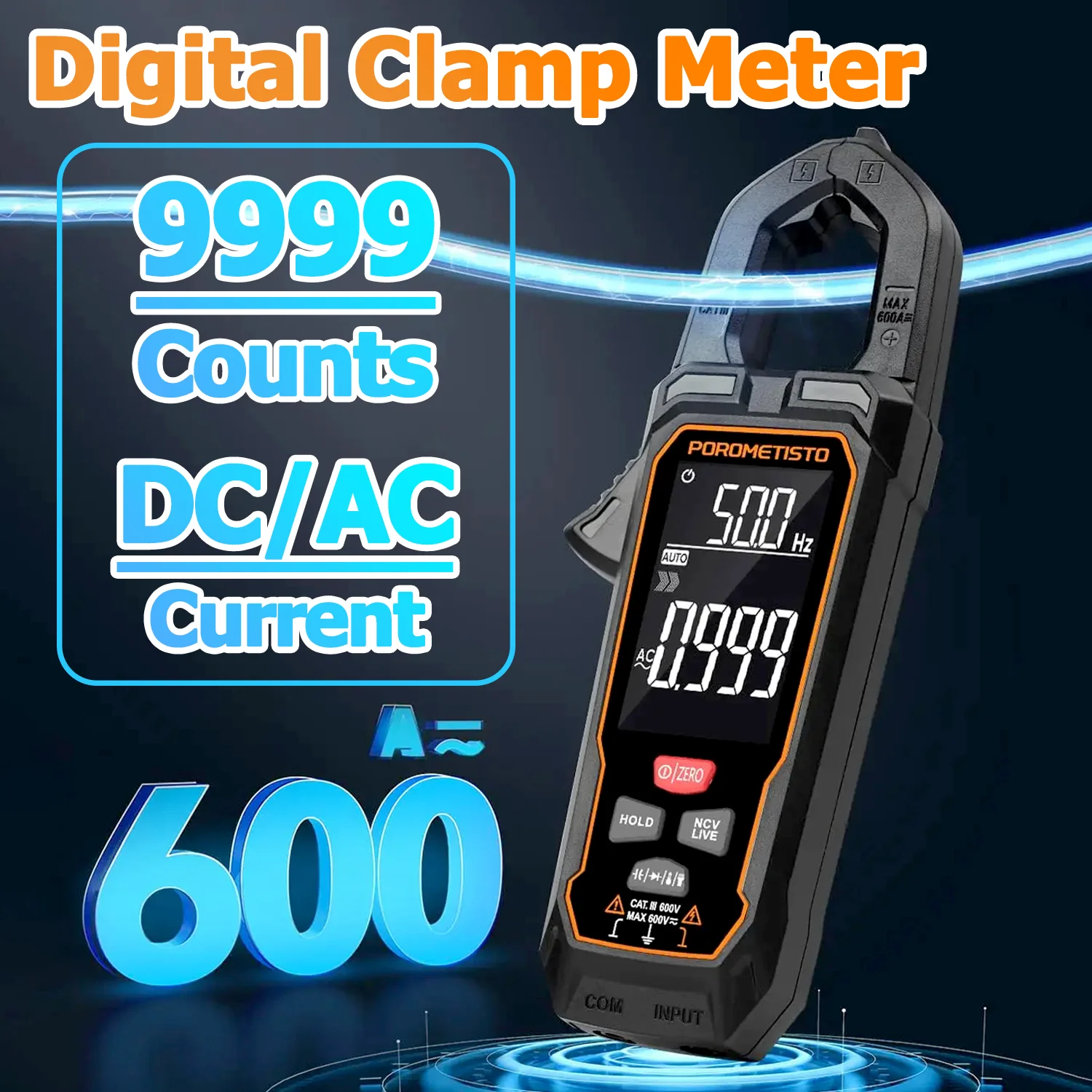 Cyfrowy miernik cęgowy Multimetr 9999 zliczeń Prąd DC/AC 600A Czujnik cęgowy True RMS Automatyczny zakres Temperatura Pojemność Ohm Hz Amperomierz Szczypce