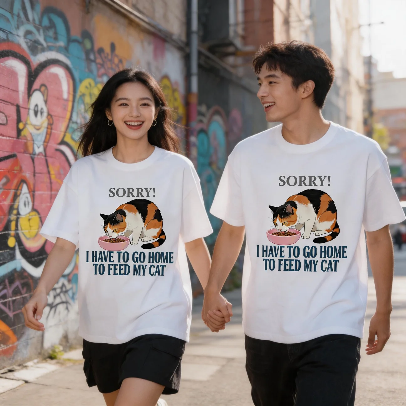 High Quality 260g T-Shirts with Cut Cat Printing Couple Outdoor Date Clothings Shirts Original Design Loose White T Shirts