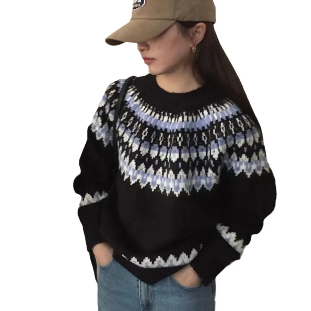 Женский свитер, джемперы с круглым вырезом, пуловеры с принтом, вязаные свитера с длинными рукавами, свободный крой, легкая эластичная повседневная основа, осень 2023 г.