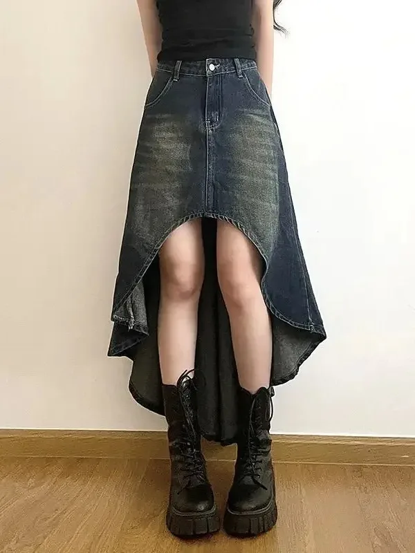 Denim Midi Skirts Women Washed Retro Irregular Design Prevalent Streetwear Hipster Casual Fashion All-match High Waist CBQ9
