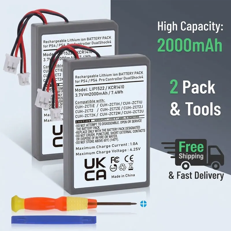 

High Capacity 2000mAh PS4 Battery Pack, Rechargeable Cell for Sony PS4 Dualshock4 V1 Controller CUH-ZXTIE CUH-ZCTIU CUH-ZCT2