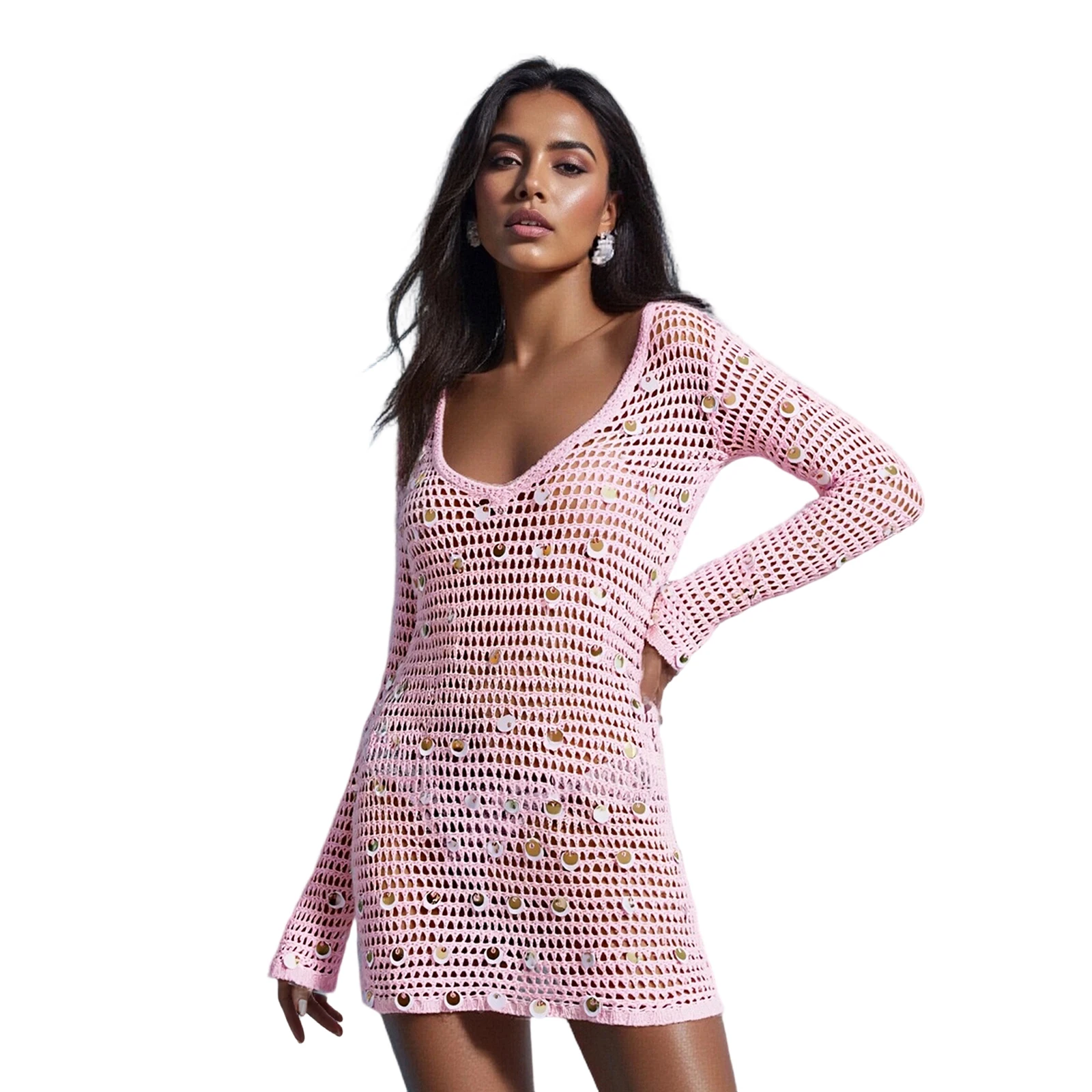 ชุดเดรสค็อกเทลประดับเลื่อมสำหรับฤดูร้อนของผู้หญิง แขนยาว คอวี ผ้าถักเว้าช่วงเหนือเข่า