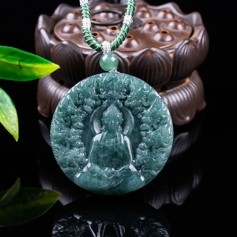 

New Jadeite Ice Full Color Blue Water Kowloon Guanyin Seiko Double-sided Engraving Pendant Men's and Women's Gifts