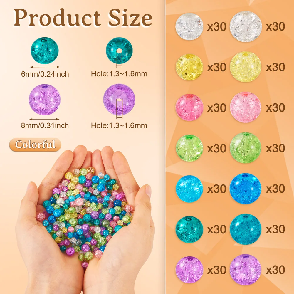 420Pcs 6mm 8mm Transparent Round Crackle Glass Beads Colorful Loose Glass Beads for Bracelet Earrings DIY Jewelry Making