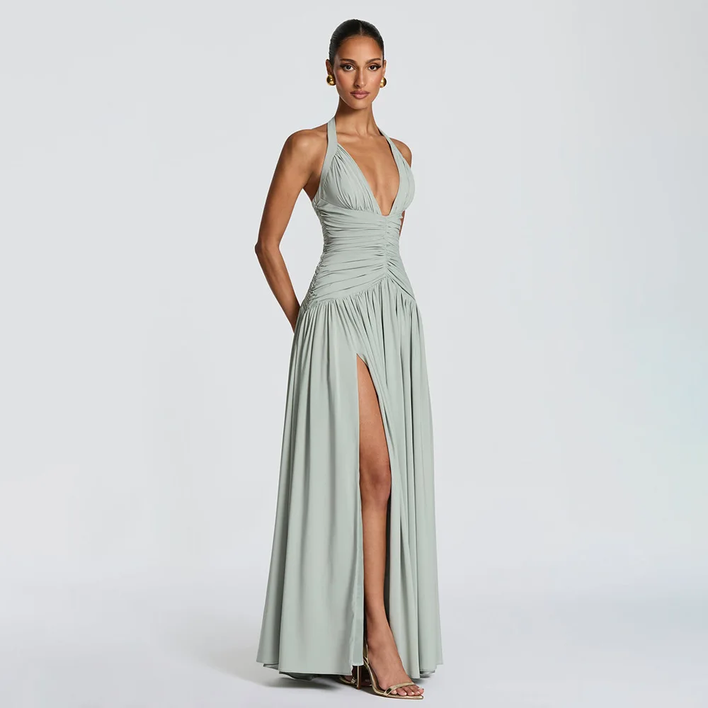 Backless Split V-neck Hanging Neck Waistband Pleated Solid Color Long Dress Banquets Birthday Party Formal Elegant Sexy Dress