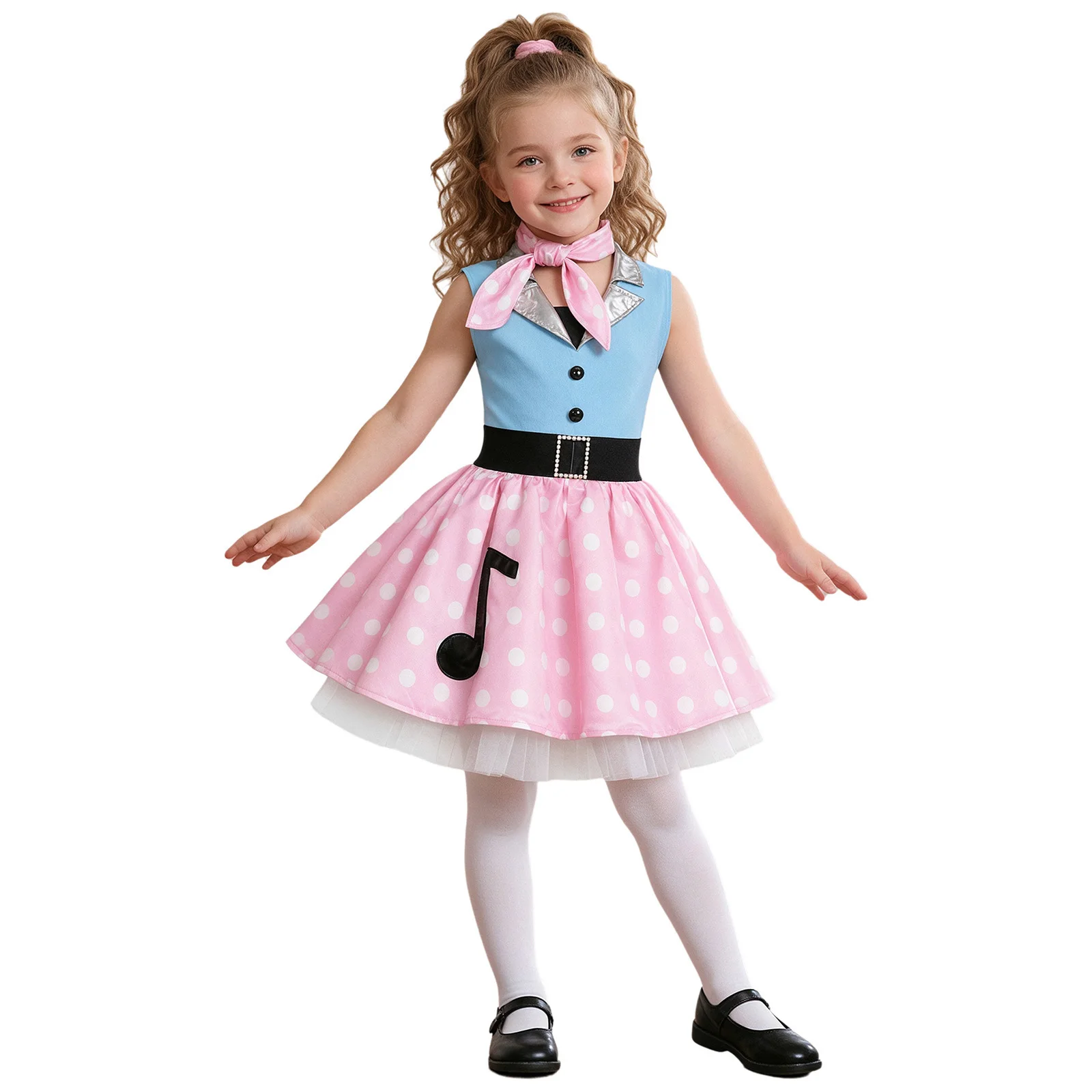 Kids Girls 50s Retro Vintage Dot Dress Outfit Lapel Collar Sleeveless Tutu Dress with Neck Scarf for Party Halloween Dress-up