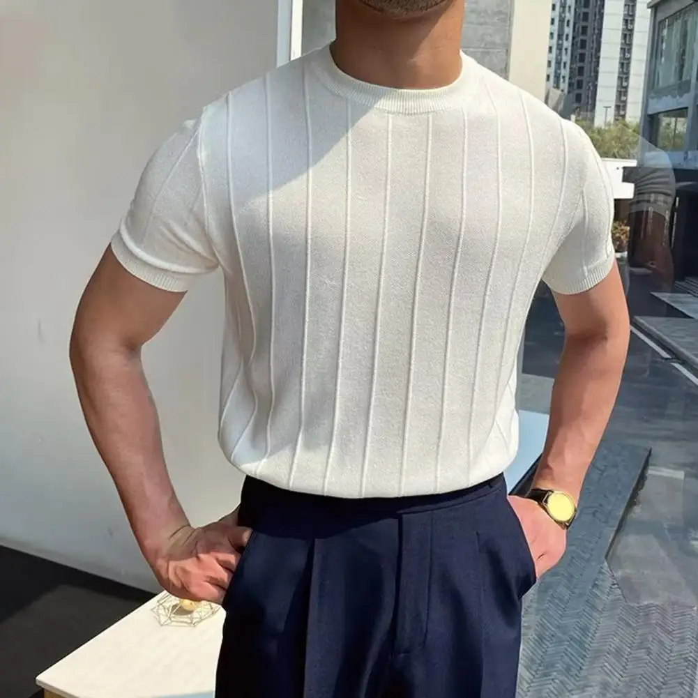 

Men Knitted O-Neck Well Fitting T-shirts Short Sleeves Knitwear Solid Color Slim Fit Elastic Pullover Casual Straight Men Top