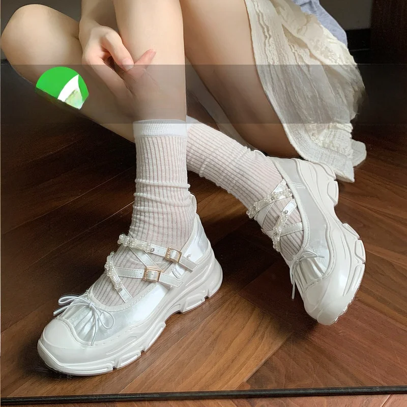 

Ballet Mary Janes Women's Shoes Thick Bottom Heightening Knot Design Korean Style Fashion Single Shoes Summer New Arrival
