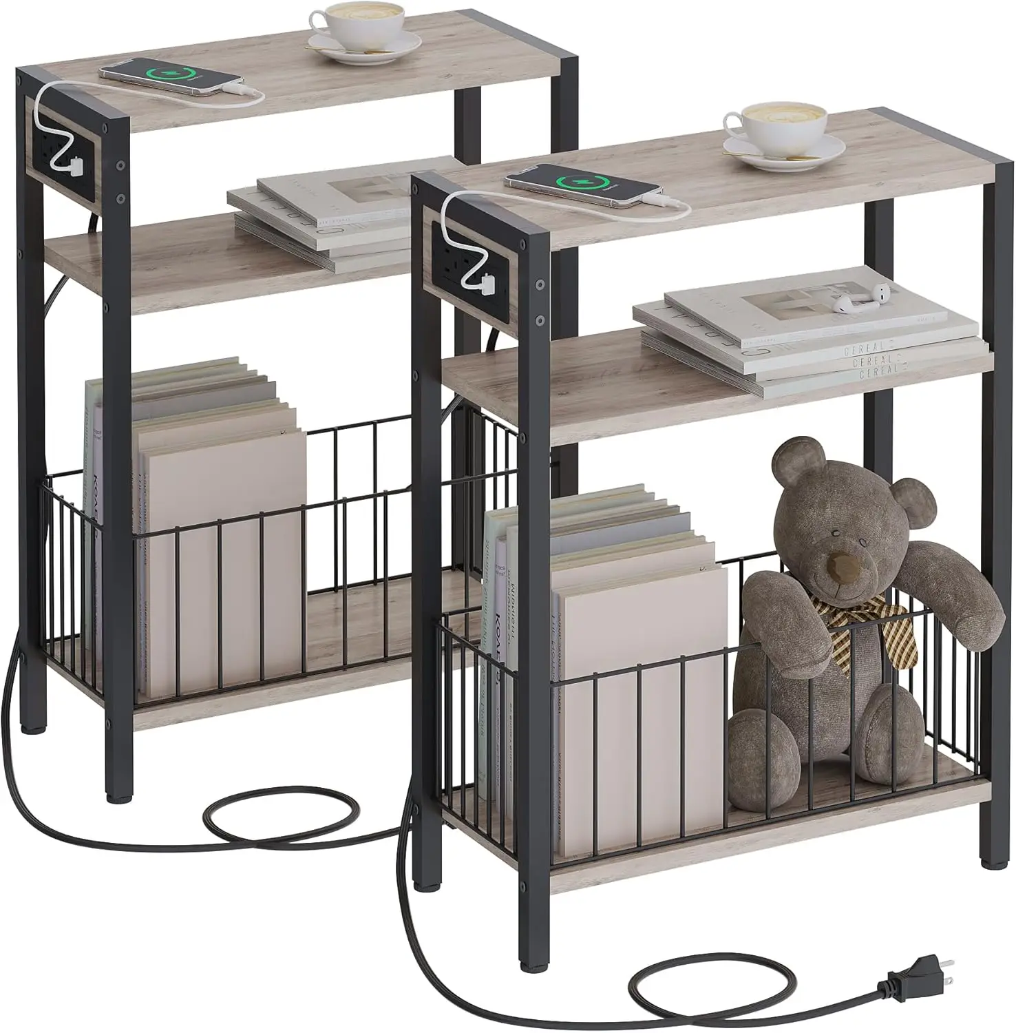 Narrow Side Table With Charging Station Set Of 2, Small End Table For Small Spaces, Slim Nightstand With Storage Basket, 3 Tier