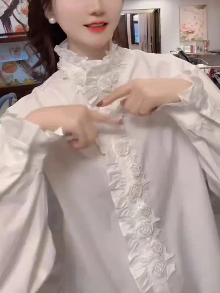 Luxus Perlen Perlen Baumwolle Lose Beiläufige Weiße Hemden Blusen Frauen 2025, Trend Langarm Einreiher Tops Frau Kleidung