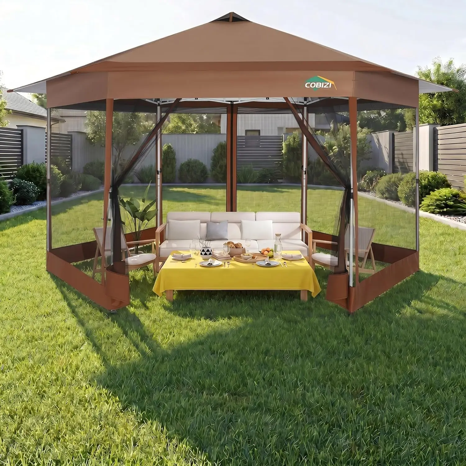 16x16FT Pop Up Gazebo on Clearance with Mosquito Netting, Brown, Customized