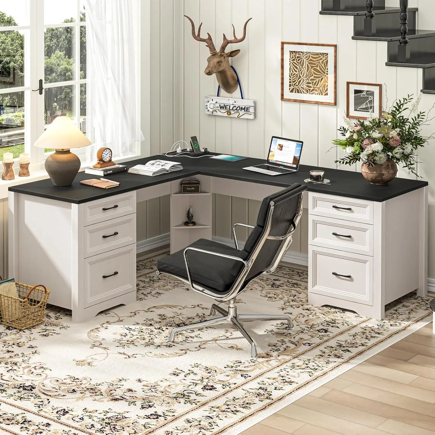 Wood L Shaped Executive Desk 6 Drawers Farmhouse Home Office Desk Power Outlets Triangle Under Desk Storage Shelf Drawer File Ca