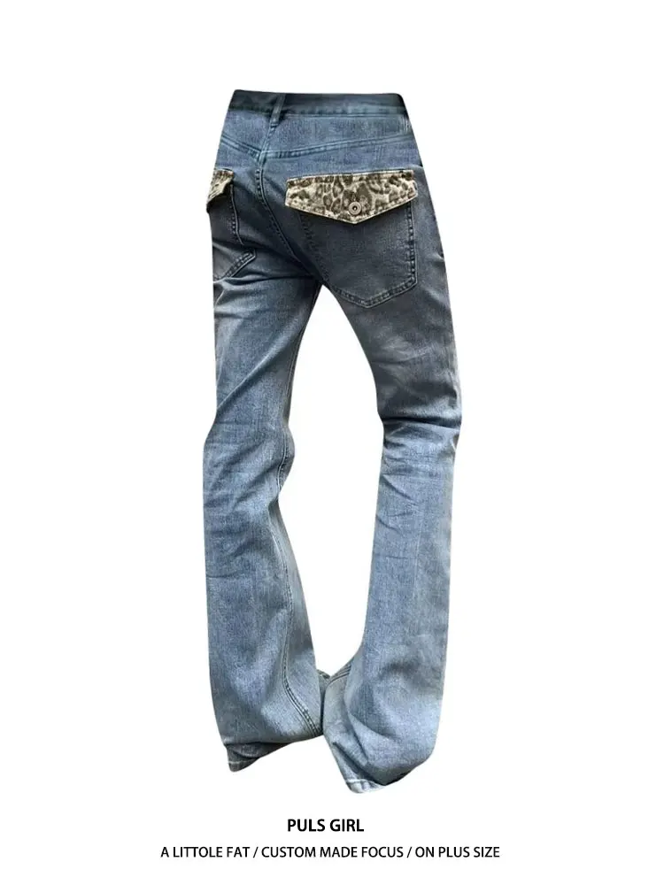 

Retro American Large Size Denim Jeans Women's Straight Leg Long Pants Tassel Draping Splicing Leopard Print Washed Effect