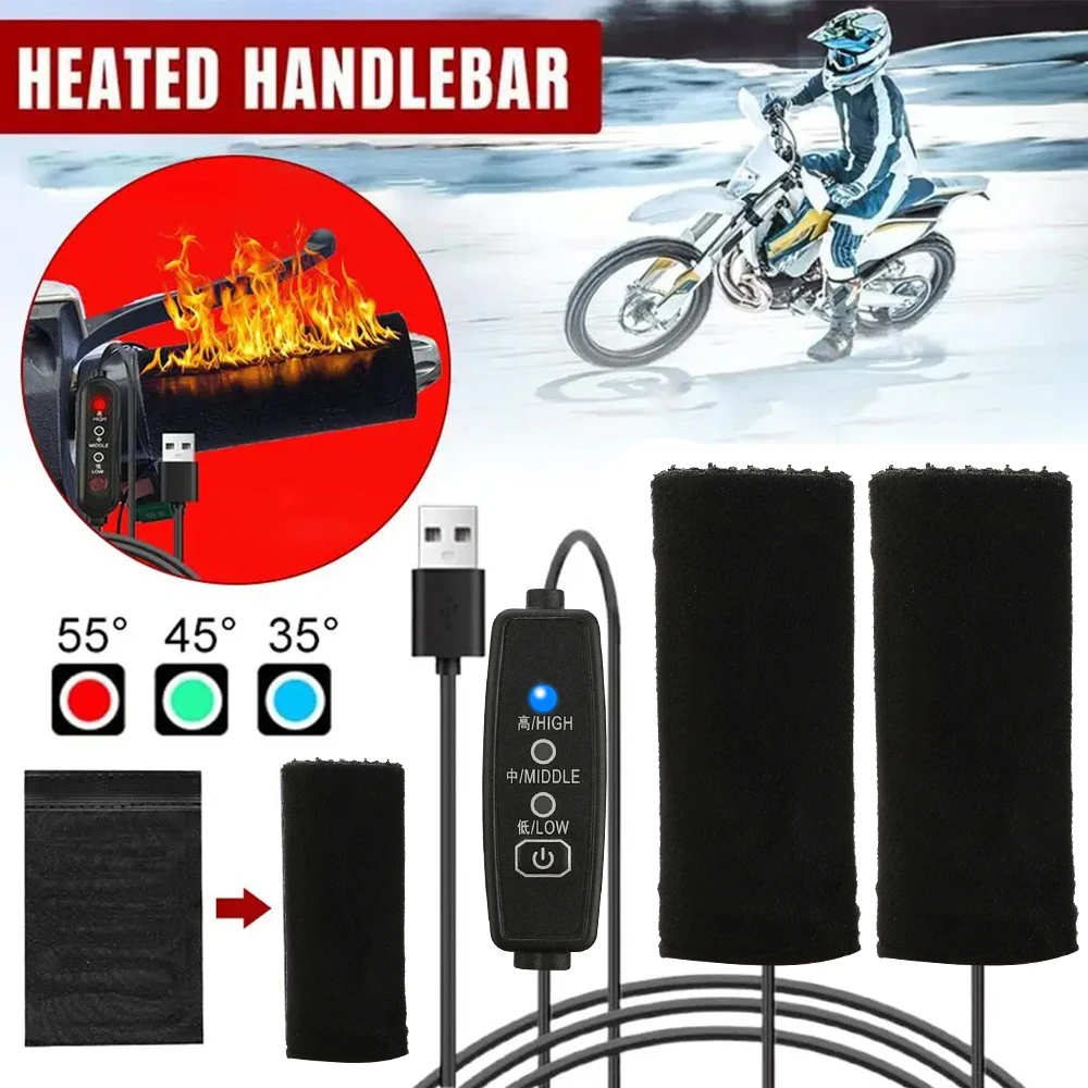 Motorcycle Heated Handgrips 12V Universal USB Electric Heated Grip Cover 3 Gears Electric Heated Handle Cover Fast Heating Kits